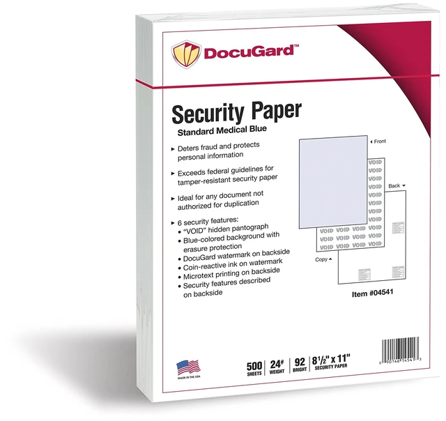 Main image of Medical Security Papers, 24 lb Bond Weight, 8.5 x 11, Blue, 500/Ream