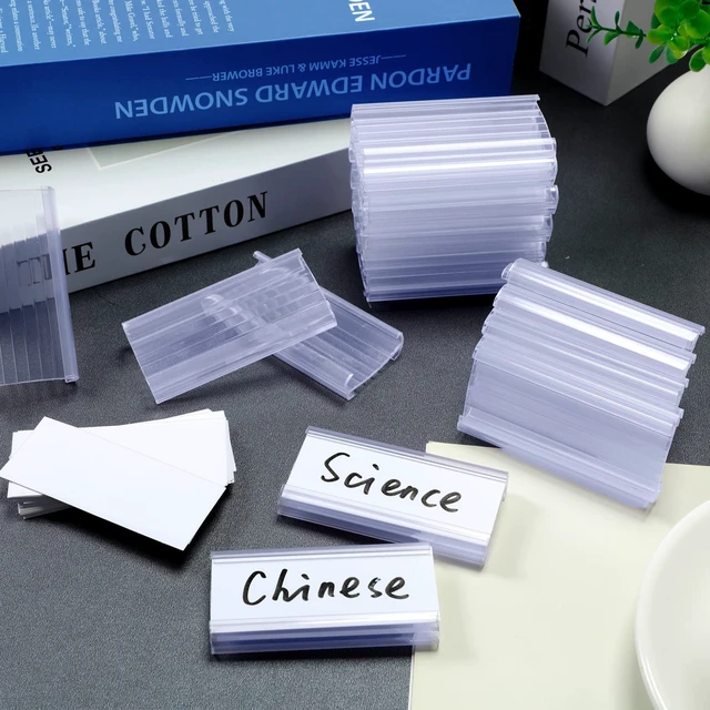 Alt view image 5 of 7 - 300 Pcs Wire Shelf Label Holders with 300 Pcs Paper Inserts Plastic Wire Rack Label Holder Clear Shelf Tags for Shelving Clips Compatible with 1-1/4 Inch Shelves