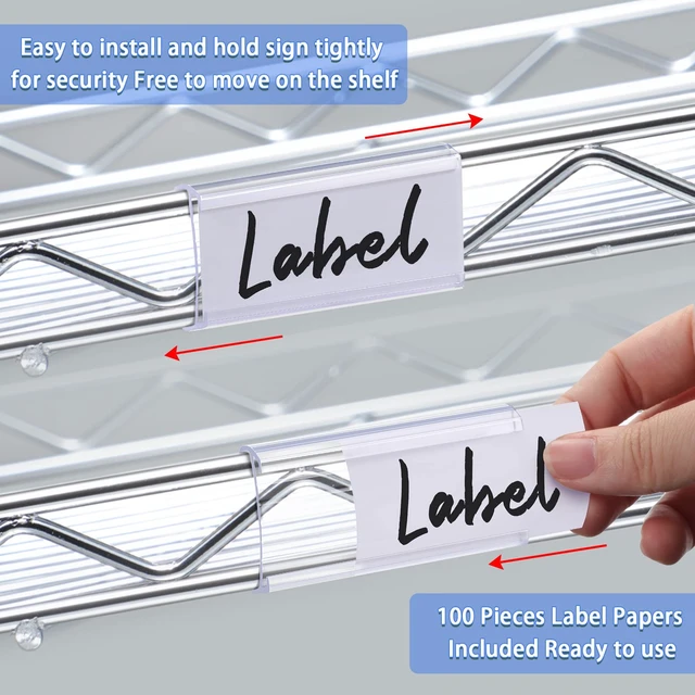 Alt view image 4 of 7 - 300 Pcs Wire Shelf Label Holders with 300 Pcs Paper Inserts Plastic Wire Rack Label Holder Clear Shelf Tags for Shelving Clips Compatible with 1-1/4 Inch Shelves