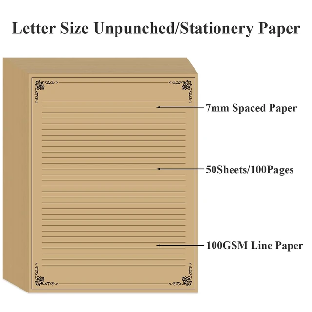 Alt view image 5 of 7 - (3-Pack) Vintage Lined Paper - 150 Sheets Stationary Paper for Writing Letters, 100gsm, Stationery for Writing Letters, Invitations, Stationery Writing Papers, 8.5'' x 11'', Brown