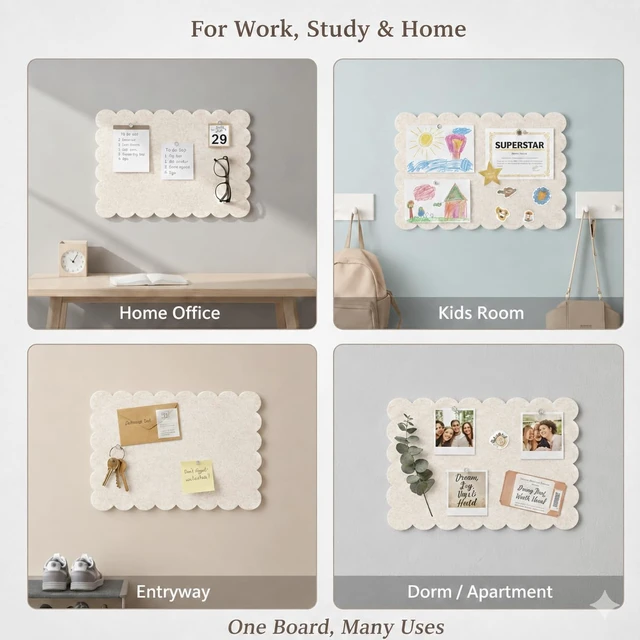 Alt view image 7 of 7 - Scalloped Felt Bulletin Board 36 x 24 Inches (Warm Beige) Large Decorative Pin Board for Wall, Vision & Message Board for Home Office, Bedroom & Study