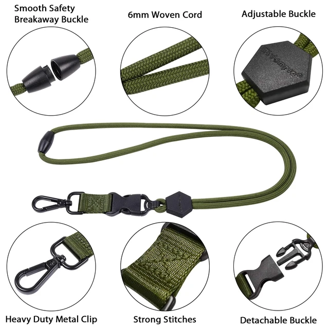 Alt view image 4 of 7 - 2 Pack 23" Lanyard with Safety Breakaway Buckle -Black,Army Green Durable Round Cord, Heavy Duty Neck Lanyard, with Detachable Buckle and Metal Hook, for ID Card Badge Holder and Keys