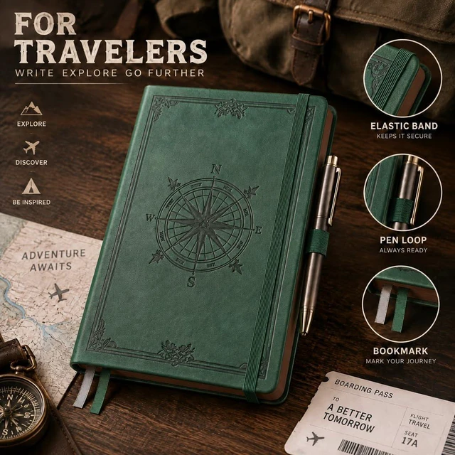 Alt view image 4 of 7 - Thick Blank Notebook, 320 Numbered Pages, A5 (5.75'' X 8.38'') 100GSM Plain Paper, Vintage Leather Hardcover, for Men Women Work Office School (Dark green)