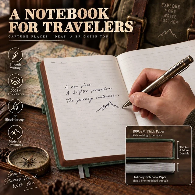 Alt view image 5 of 7 - Thick Lined Notebook, 320 Numbered Pages, A5 (5.75'' X 8.38'') College Ruled Journal, Vintage Leather Hardcover, 100gsm Paper, for Men Women Work Office School (Dark green)