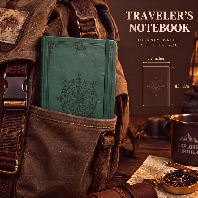 Alt view image 6 of 7 - Thick Blank Notebook, 320 Numbered Pages, A5 (5.75'' X 8.38'') 100GSM Plain Paper, Vintage Leather Hardcover, for Men Women Work Office School (Dark green)