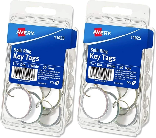Main image of Metal Rim Key Tags, 1.25" Diameter Tag, Metal Split Ring, White, 50 Tags (11025) 2 Pack