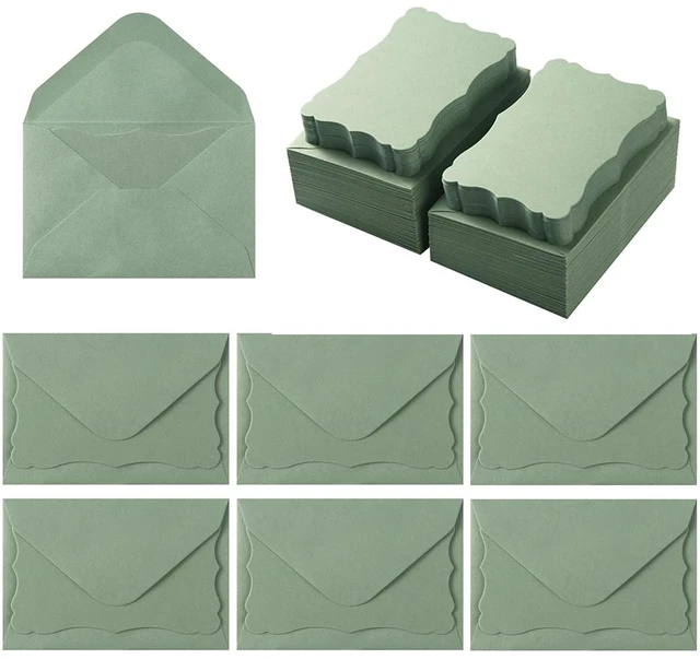 Main image of 100 Pack Mini Envelopes with Blank Note Cards, Sage-Green 4 x 2.7 Inches Envelopes, Self-Adhesive, Small Business Card