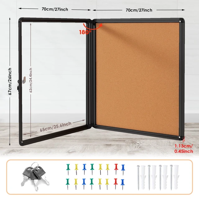 Alt view image 2 of 7 - 28x26 in Enclosed Bulletin Board Message Notice Cork Board Lockable, Tamperproof, Wall-Mounted, Black Aluminum Frame, with Door, Display Board for Office School Commerce Community