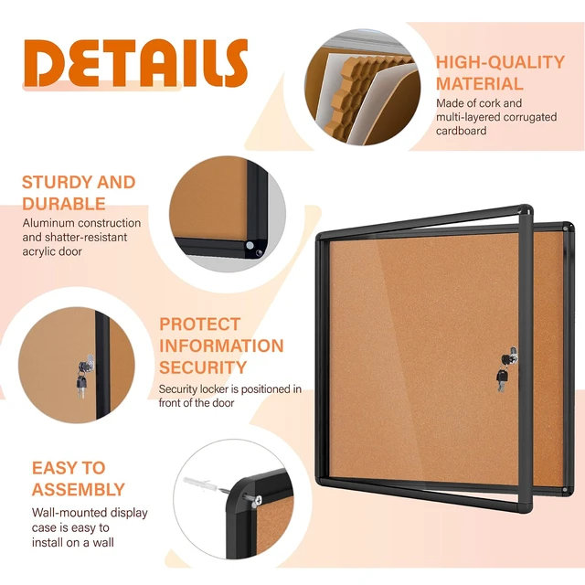 Alt view image 4 of 7 - 28x26 in Enclosed Bulletin Board Message Notice Cork Board Lockable, Tamperproof, Wall-Mounted, Black Aluminum Frame, with Door, Display Board for Office School Commerce Community