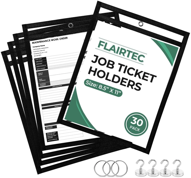 Main image of Job Ticket Holders 10x14 - (30 Pack) 8.5x11 Letter Size Reusable Dry Erase Pockets Black with Metal Rings & Hooks Durable Clear Shop Sleeves for Work Order Perfect for Classrooms
