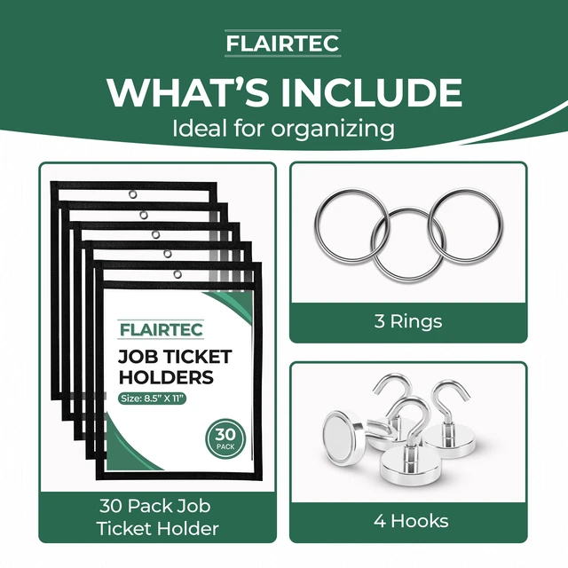 Alt view image 2 of 7 - Job Ticket Holders 10x14 - (30 Pack) 8.5x11 Letter Size Reusable Dry Erase Pockets Black with Metal Rings & Hooks Durable Clear Shop Sleeves for Work Order Perfect for Classrooms