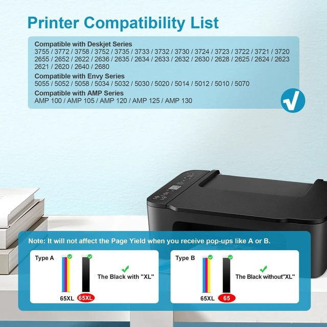 Alt view image 2 of 7 - 65XL Ink Cartridges Black/Color Combo Pack High Yield Replacement for HP Ink 65 65XL Work for HP DeskJet 3755 3772 3700 3722 3752 2600 2622 Envy 5055 5000 5070 5052 5014 Printer (1 Black,1 Color)