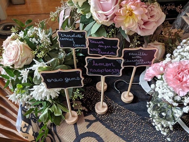 Alt view image 5 of 7 - 20PCS Wood Mini Chalkboard Sign and Replacement Stickers, Food Labels for Party Buffet,Blackboard for Message Board Signs,Weddings Place Cards, Birthday Party