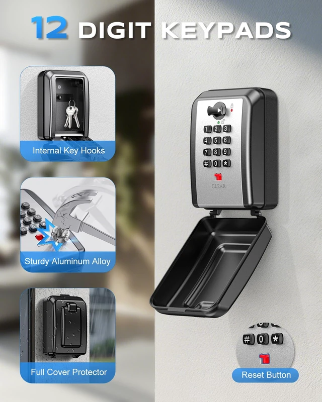 Alt view image 2 of 7 - Wall-Mounted Key Lock Box, 12 Digit Combination Lock Box for Keys with Code, Large Capacity & Weatherproof Outdoor Lockbox, Key Safe Storage Lock Box for Home, Office, Garage, Sliver