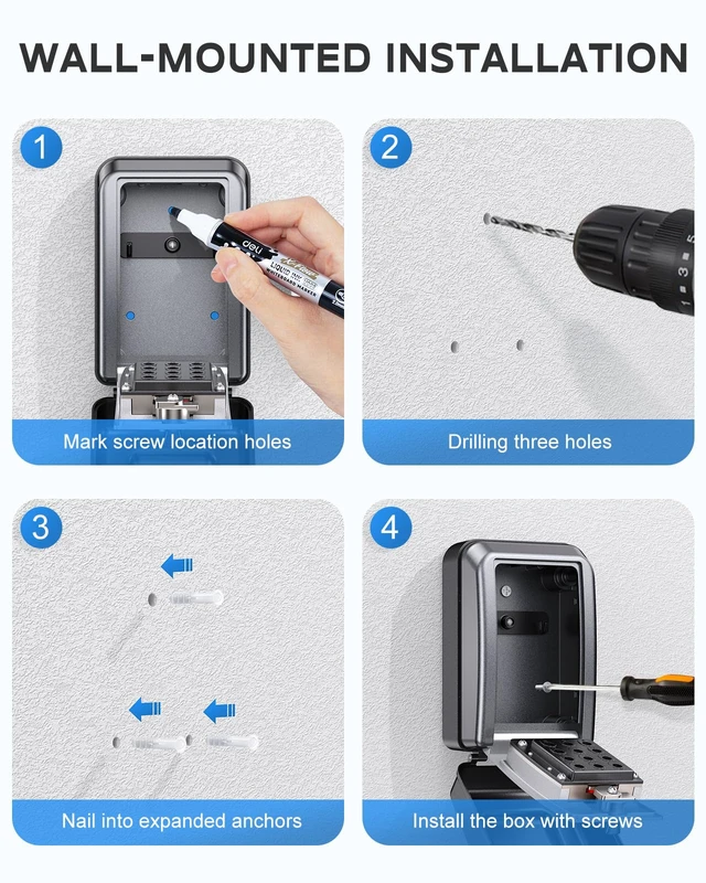 Alt view image 7 of 7 - Wall-Mounted Key Lock Box, 12 Digit Combination Lock Box for Keys with Code, Large Capacity & Weatherproof Outdoor Lockbox, Key Safe Storage Lock Box for Home, Office, Garage, Sliver