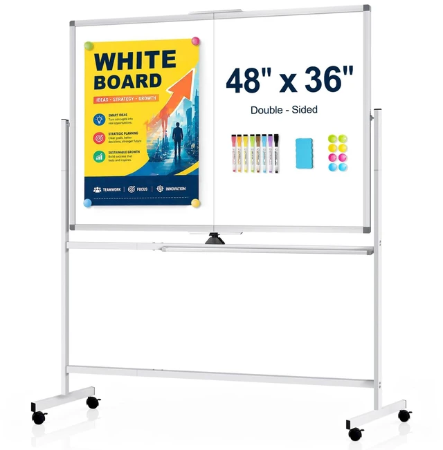 Main image of Rolling Whiteboard on Wheels, 48 x 36 Standing Dry Erase Board 4' x 3' Sturdy Double-Sided Magnetic White Board, Big Mobile Easel Whiteboard Office, Classroom, School