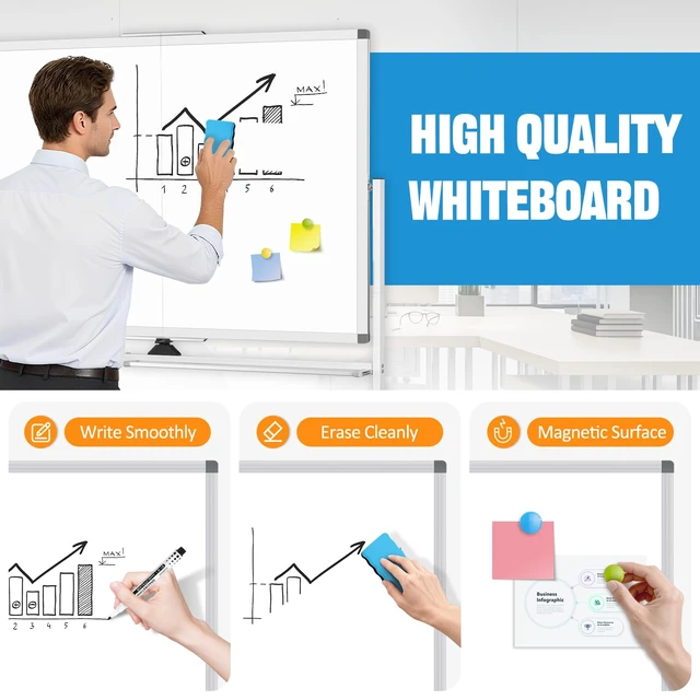 Alt view image 3 of 7 - Rolling Whiteboard on Wheels, 48 x 36 Standing Dry Erase Board 4' x 3' Sturdy Double-Sided Magnetic White Board, Big Mobile Easel Whiteboard Office, Classroom, School