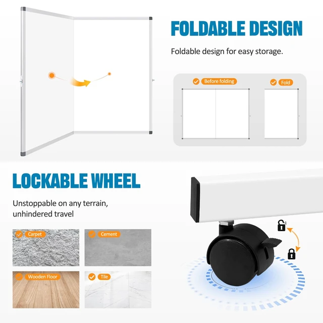 Alt view image 5 of 7 - Rolling Whiteboard on Wheels, 48 x 36 Standing Dry Erase Board 4' x 3' Sturdy Double-Sided Magnetic White Board, Big Mobile Easel Whiteboard Office, Classroom, School