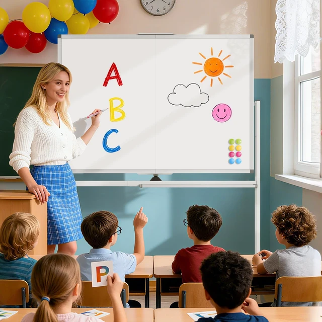 Alt view image 6 of 7 - Rolling Whiteboard on Wheels, 48 x 36 Standing Dry Erase Board 4' x 3' Sturdy Double-Sided Magnetic White Board, Big Mobile Easel Whiteboard Office, Classroom, School