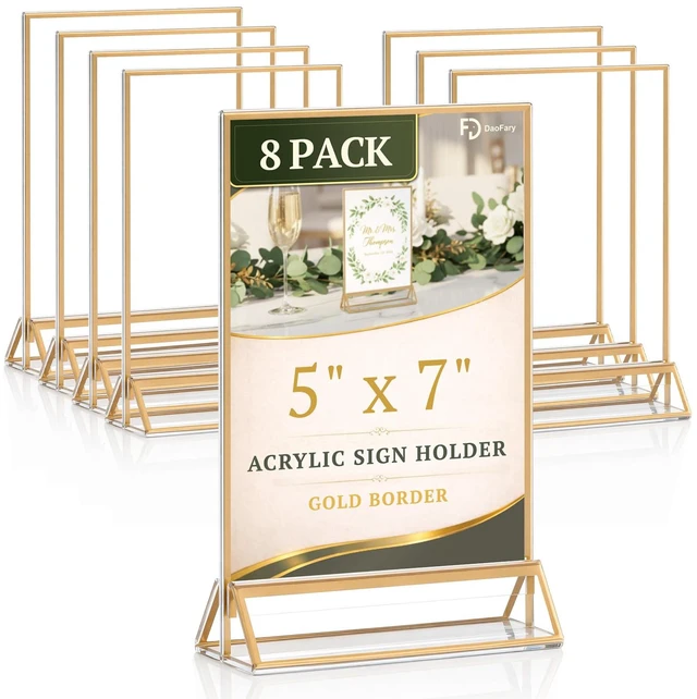 Main image of Acrylic Sign Holder 5x7, 8 Pack Double-Sided Gold Tabletop Frame Double-Sided Gold Acrylic Sign Holder and Table Number Frames for Menus, Flyers, Weddings and Restaurants