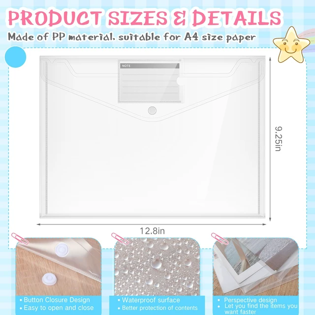 Alt view image 3 of 7 - 100 Pcs Plastic Envelopes Snap Closure A4,Clear,Pocket Style Poly Document File Folders for Teachers, Office Home, Waterproof Sleeves Button Closure, Letter Size Storage Bags