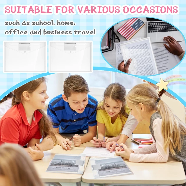 Alt view image 4 of 7 - 100 Pcs Plastic Envelopes Snap Closure A4,Clear,Pocket Style Poly Document File Folders for Teachers, Office Home, Waterproof Sleeves Button Closure, Letter Size Storage Bags