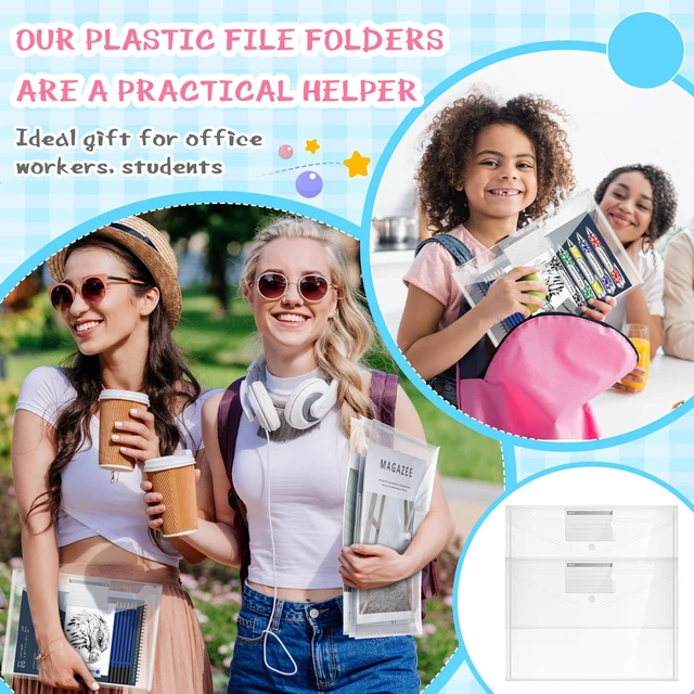Alt view image 6 of 7 - 100 Pcs Plastic Envelopes Snap Closure A4,Clear,Pocket Style Poly Document File Folders for Teachers, Office Home, Waterproof Sleeves Button Closure, Letter Size Storage Bags
