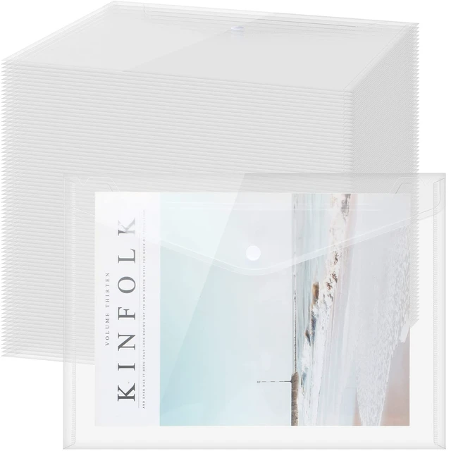 Main image of 100 Pcs Plastic Envelopes Snap Closure A4,Clear,Simple Style Poly Document File Folders for Teachers, Office Home, Waterproof Sleeves Button Closure, Letter Size Storage Bags