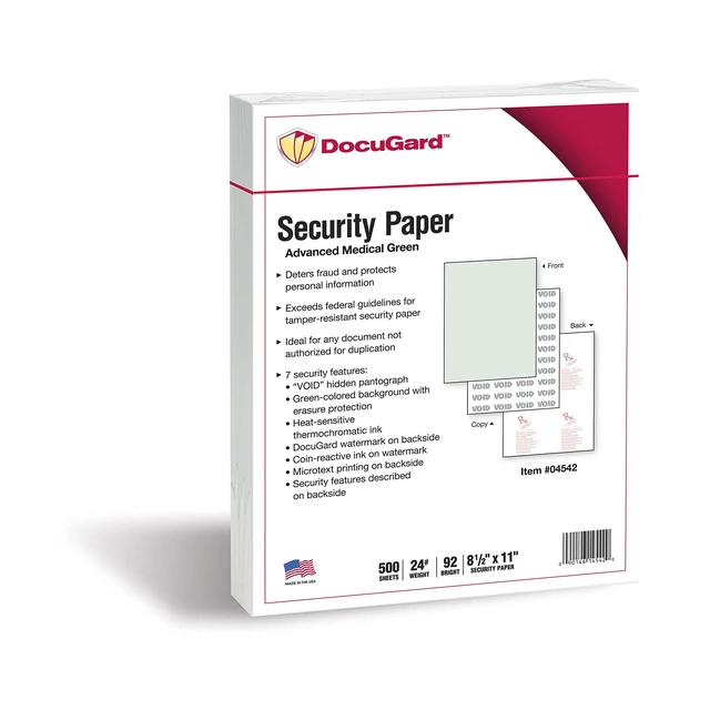 Main image of Medical Security Papers, 24 lb Bond Weight, 8.5 x 11, Green, 500/Ream