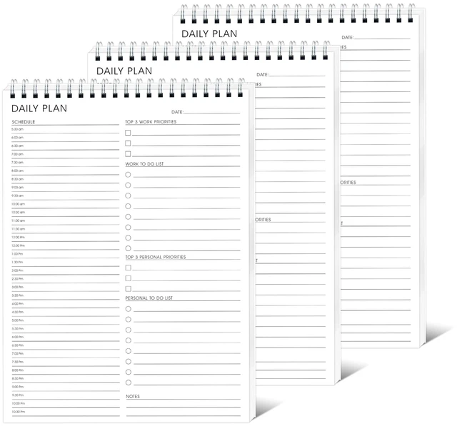 Main image of 3PC Daily Shedule Planner Half-Hourly Personal Organizer 6.5"x 9.8" Both Sides Usable,Undated Layout,Time Block,Work To-Do List,Priorities,Smooth Writing, No Bleed Thick Sheets