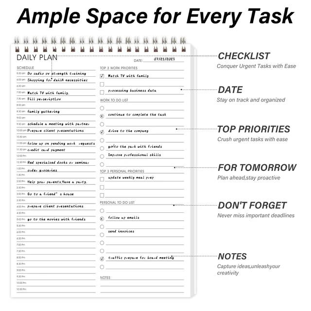 Alt view image 2 of 7 - 3PC Daily Shedule Planner Half-Hourly Personal Organizer 6.5"x 9.8" Both Sides Usable,Undated Layout,Time Block,Work To-Do List,Priorities,Smooth Writing, No Bleed Thick Sheets