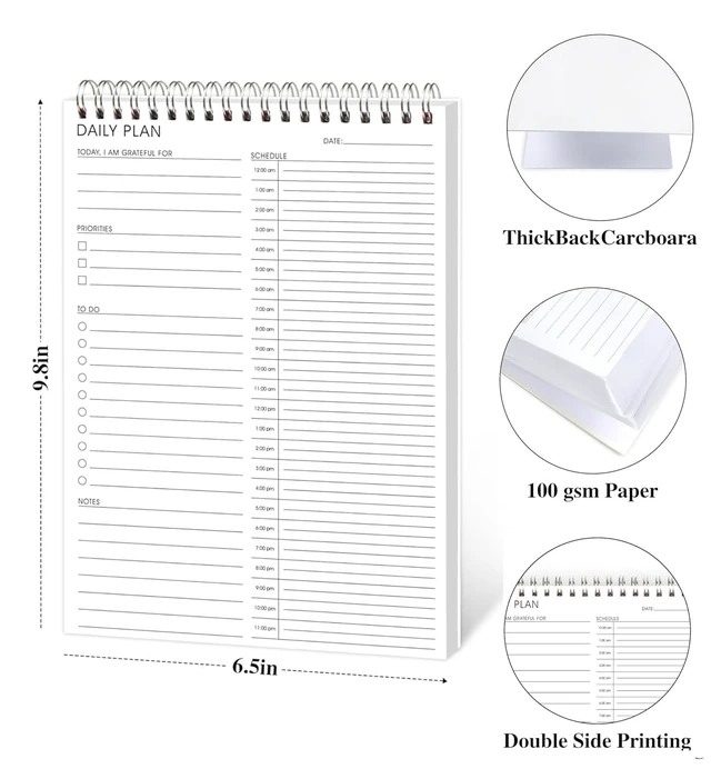 Alt view image 2 of 7 - 3PC 2Undated 24 Hour Daily Planner with To Do List for Work & Personal Life No Bleed Paper,Double-Sides to Use,Hourly Time Block Schedule, Priority, Spiral Bound for Personal,Office,Home, 6.5 x 9.8
