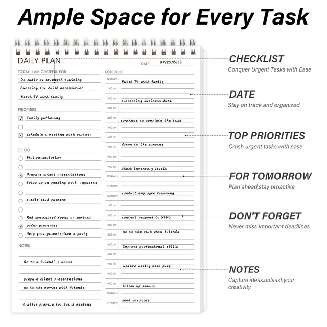 Alt view image 3 of 7 - 3PC 2Undated 24 Hour Daily Planner with To Do List for Work & Personal Life No Bleed Paper,Double-Sides to Use,Hourly Time Block Schedule, Priority, Spiral Bound for Personal,Office,Home, 6.5 x 9.8