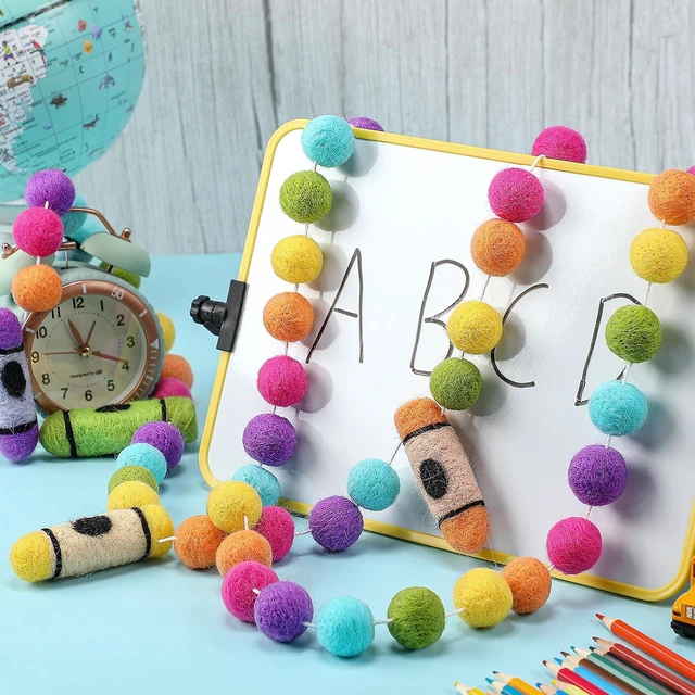 Alt view image 2 of 7 - 2 Pcs 13.2 ft Crayon Felt Ball Banner Back to School Decorations 3D Crayon Garland Colorful Pompom Ball Hanging Banner, Welcome Back Garland for Classroom First Day of School Decor, Rainbow