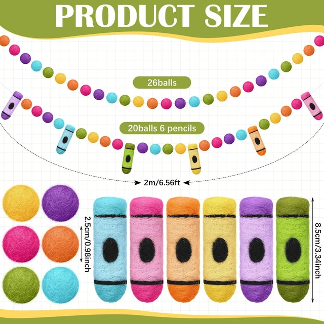 Alt view image 3 of 7 - 2 Pcs 13.2 ft Crayon Felt Ball Banner Back to School Decorations 3D Crayon Garland Colorful Pompom Ball Hanging Banner, Welcome Back Garland for Classroom First Day of School Decor, Rainbow