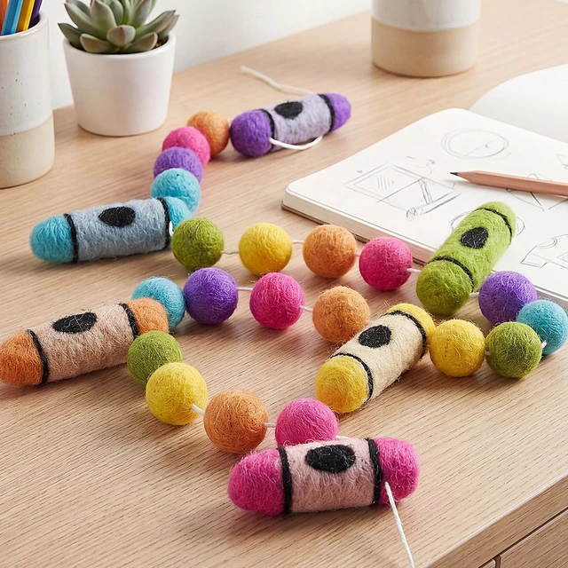 Alt view image 4 of 7 - 2 Pcs 13.2 ft Crayon Felt Ball Banner Back to School Decorations 3D Crayon Garland Colorful Pompom Ball Hanging Banner, Welcome Back Garland for Classroom First Day of School Decor, Rainbow