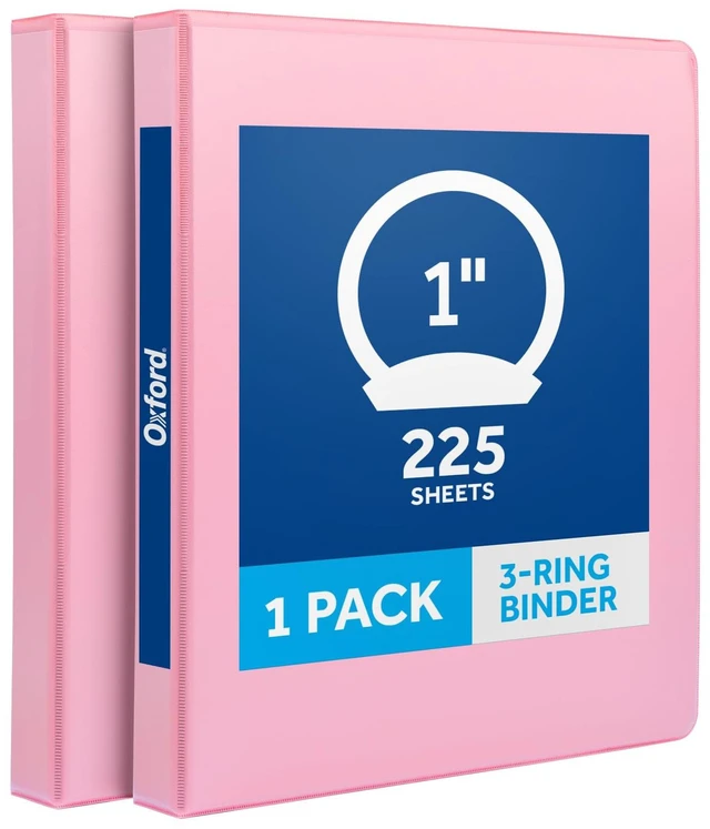 Main image of 1 Inch 3 Ring Binders, 2 Pack, Pink, Holds 225 Sheets Round rings, clear view covers for custom inserts, and 2 inside pockets. PVC free, non stick