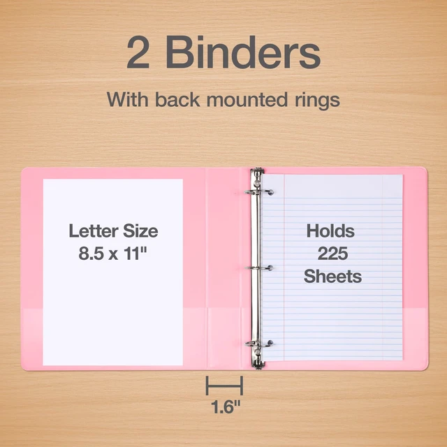 Alt view image 2 of 7 - 1 Inch 3 Ring Binders, 2 Pack, Pink, Holds 225 Sheets Round rings, clear view covers for custom inserts, and 2 inside pockets. PVC free, non stick