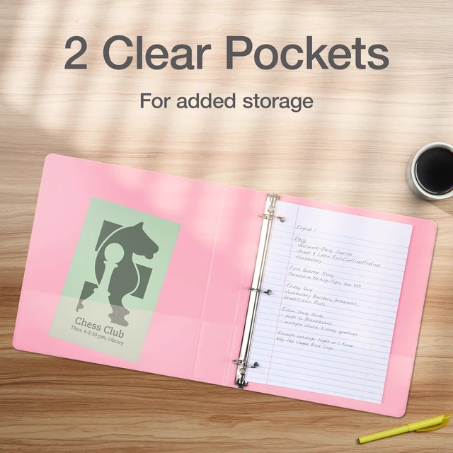 Alt view image 4 of 7 - 1 Inch 3 Ring Binders, 2 Pack, Pink, Holds 225 Sheets Round rings, clear view covers for custom inserts, and 2 inside pockets. PVC free, non stick