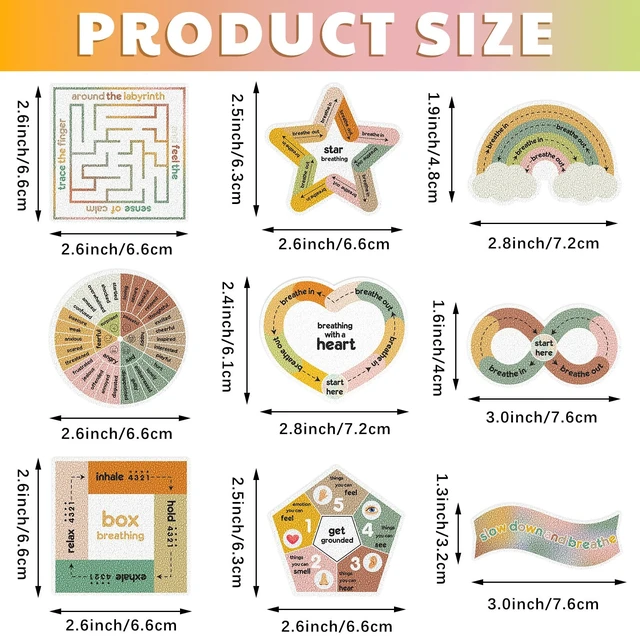 Alt view image 2 of 6 - 72 Pcs Anxiety Sensory Breathing Stickers,Vintage Color Adults Fidget Mindfulness 9 Styles Calm down Items mental health stickers Anxiety Relief Breathing Exercises
