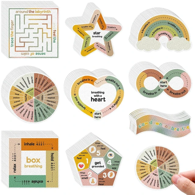 Main image of 72 Pcs Anxiety Sensory Breathing Stickers,Vintage Color Adults Fidget Mindfulness 9 Styles Calm down Items mental health stickers Anxiety Relief Breathing Exercises