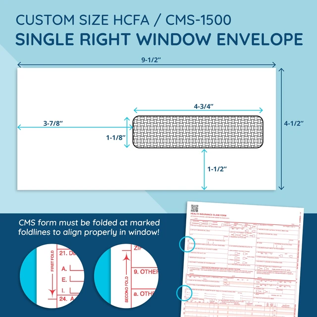 Alt view image 3 of 6 - 500 CMS 1500 Claim Form Envelopes, Self Seal 4 1/2 x 9 1/2 in, Security Tint, Right Window, Fits HCFA 1500 Medical Billing Insurance Claim Forms