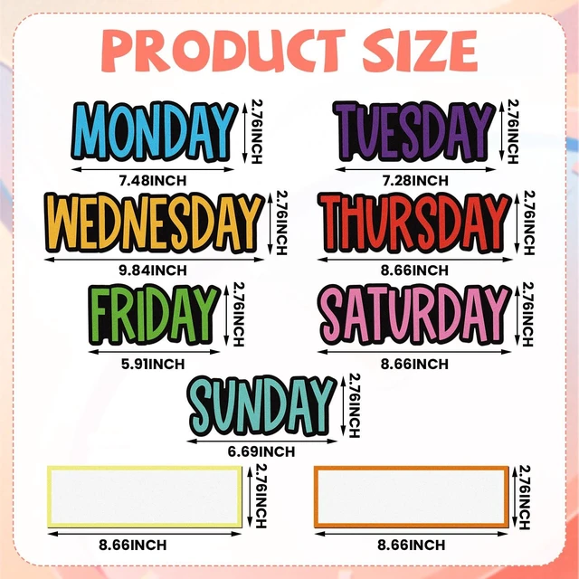 Alt view image 2 of 7 - 9 Pcs Days of the Week Magnets for Whiteboard Calendar,Classic Colorful Magnetic Weekday Tags for Classroom Fridge Locker, Includes 7 Day Cards with 2 Blank Frames, Reusable Planning Decor