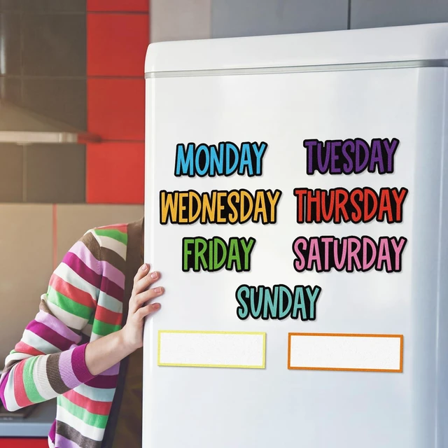 Alt view image 3 of 7 - 9 Pcs Days of the Week Magnets for Whiteboard Calendar,Classic Colorful Magnetic Weekday Tags for Classroom Fridge Locker, Includes 7 Day Cards with 2 Blank Frames, Reusable Planning Decor