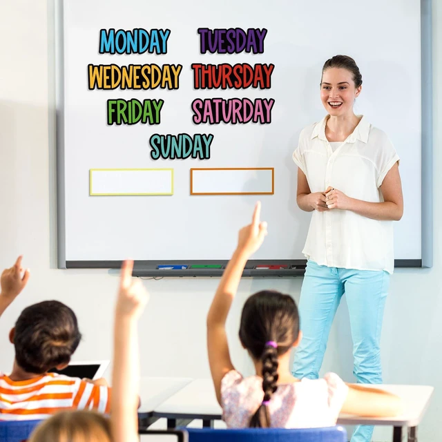 Alt view image 6 of 7 - 9 Pcs Days of the Week Magnets for Whiteboard Calendar,Classic Colorful Magnetic Weekday Tags for Classroom Fridge Locker, Includes 7 Day Cards with 2 Blank Frames, Reusable Planning Decor