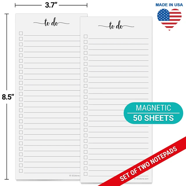 Alt view image 2 of 6 - Magnetic To Do List Notepad, Skinny 3.7x8.5, 2-Pack, 50 Each Made in USA - Slim Grocery and Task List Pads for the Fridge, College Ruled Tear-Off Sheets, Thick Bright White Paper