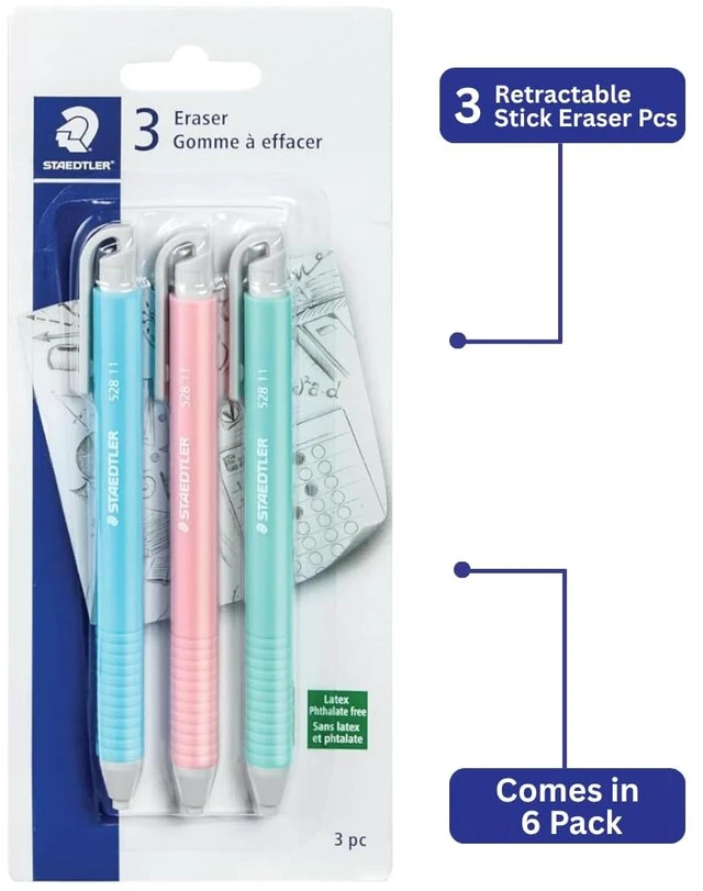 Alt view image 3 of 7 - Vinyl Eraser Holder, 6-Pack Soft Latex-Free Vinyl, Smudge-Free Clean Erasing for Drawing, Drafting, School & Office Use