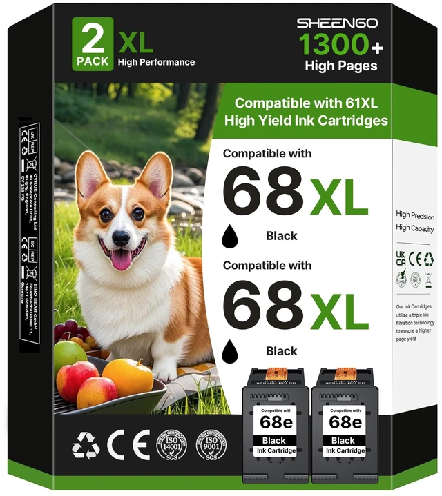 Main image of 68XL 68e 68 Black Ink Cartridge Replacement for HP Ink 68 68XL 68e Black 68XL for HP Envy 6155e 6555e Ink Cartridges Compatible with Envy 6155e 6555e 6152e 6552e 6100e 6500e Series Printer (2 Black)