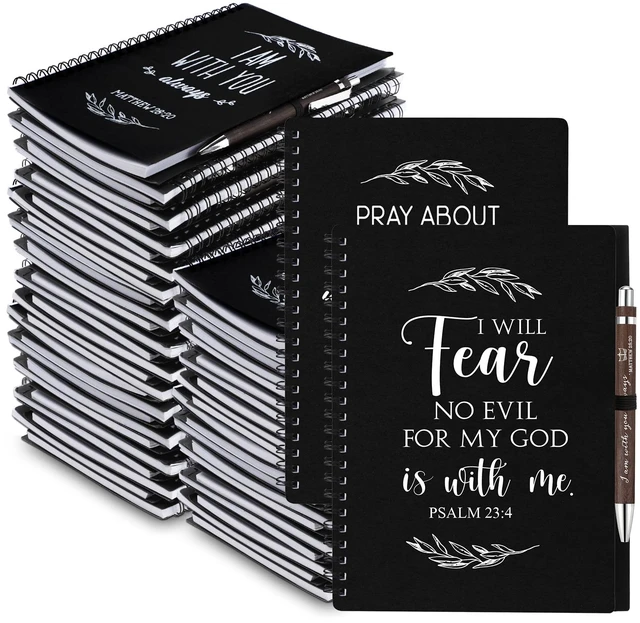 Main image of 100 Pcs/ 50 Set Christian Gift Bulk A5 Spiral Notebook Pen, Black Bible Verse Prayer Journal Bulk Notebooks with Pens Religious Gifts for Women Men Church Pastor Appreciation Gift Halloween