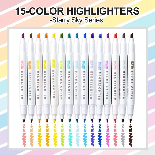 Alt view image 3 of 7 - 15 Count Dual-Tip Highlighters, Pastel Colors Fine & Bold Tip, Quick-Dry Non-Bleeding Highlighter Markers for Bible Journaling,School,Office,Notes (15 colors highlighters - Starry Sky Color)